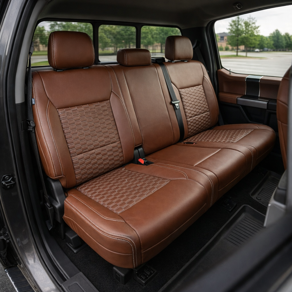 Rear in-cabin view of a 2021–2026 Ford F-250 XLT showing the Leatherteck rear bench seat in mahogany with silver Double Hex insert pattern panels on the seatbacks and cushions, plus silver contrast stitching throughout, with headrests, seatbelts, and the rear door and windows visible.