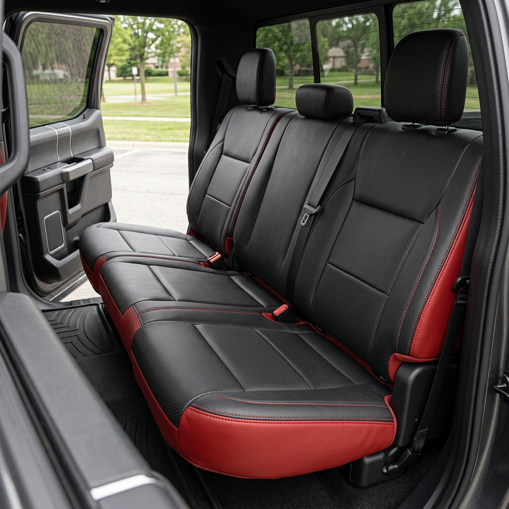 Rear in-cabin view of a 2021–2026 Ford F-250 XLT showing the Leatherteck rear bench seat with red main seat color, black perforated combo facing panels, and red contrast stitching throughout, featuring three headrests, visible seatbelts, the rear door panel, and the rear window with the outside scenery in the background.