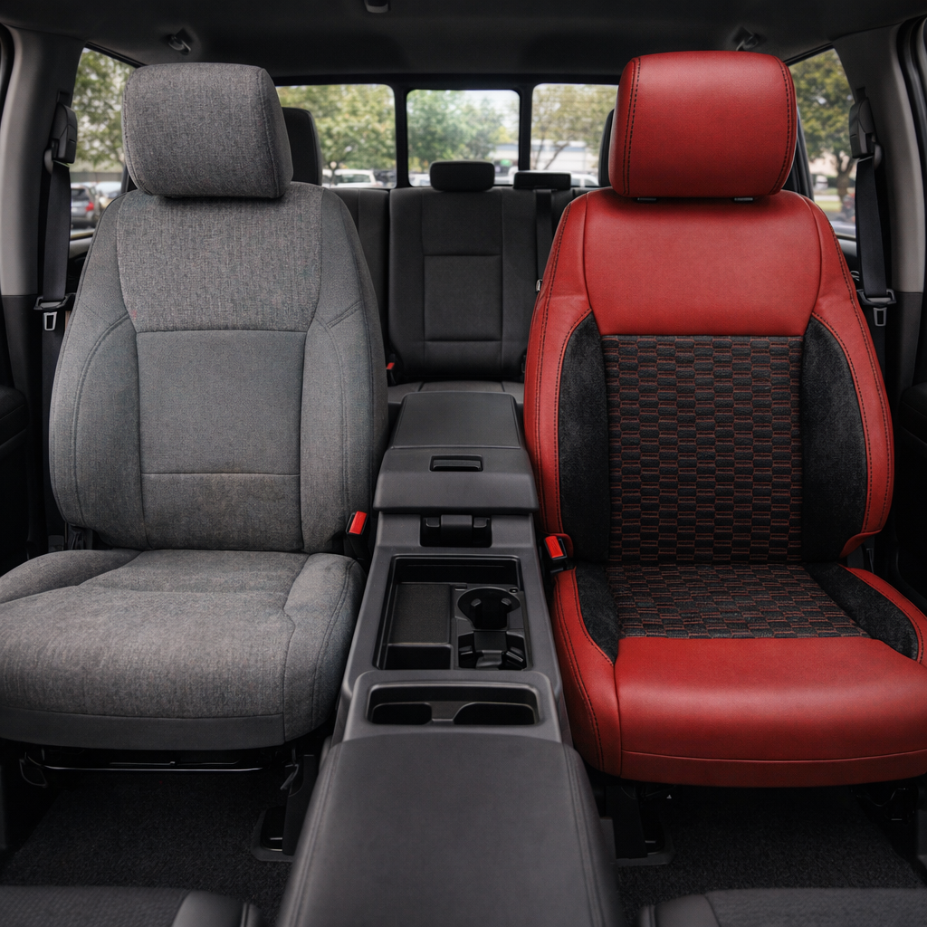 Before-and-after front in-cabin view of a 2021–2026 Ford F-250 XLT: left shows the factory gray cloth seat, right shows a Leatherteck upgrade in red with black automotive suede inserts and accent panels, a red double-hex patterned center insert, and black contrast stitching.