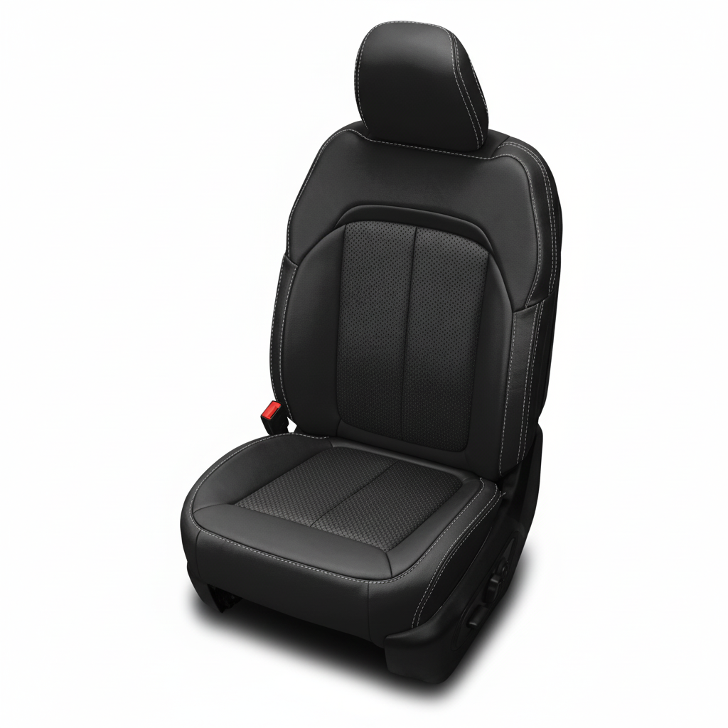 Black leather car seat with perforated center panels and silver contrast stitching on a white background.
