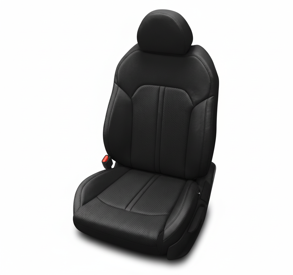 Black leather car seat with perforated center panels and matching black stitching on a white background.

