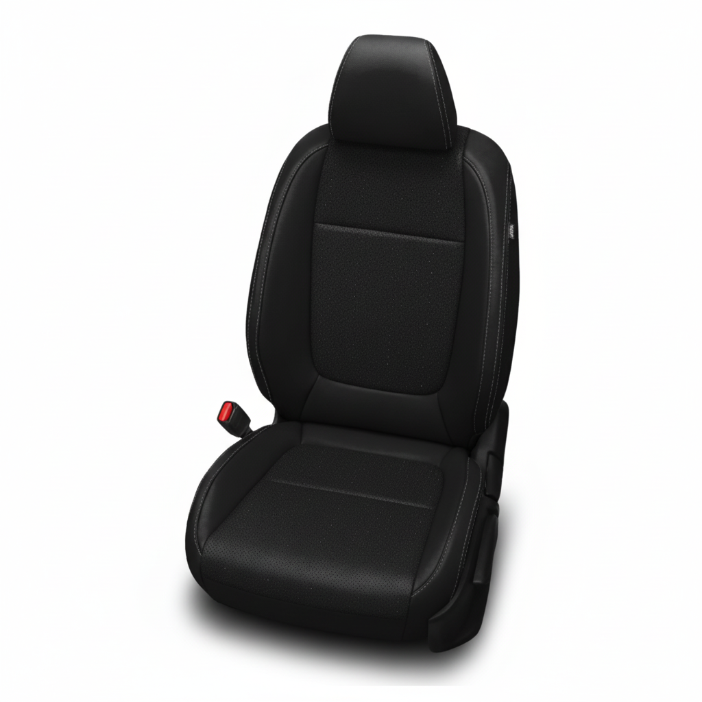 Black leather car seat with perforated center panels and stone contrast stitching on a white background.
