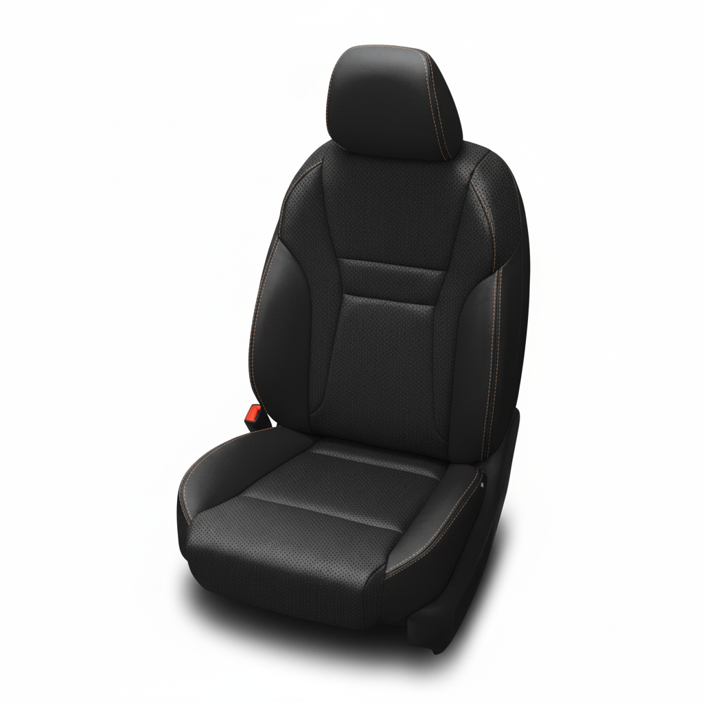 Black leather car seat with perforated panels and fawn contrast stitching on a white background.
