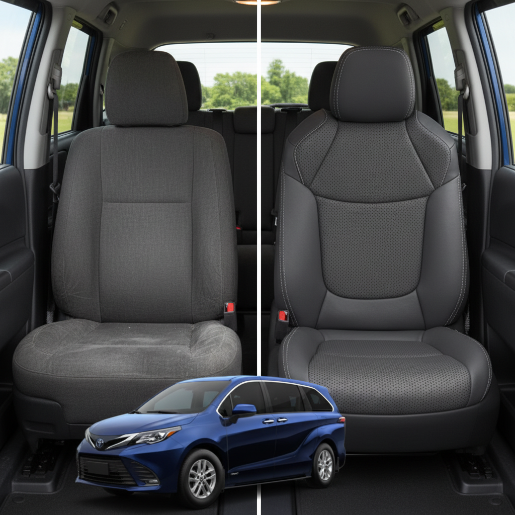 Before-and-after comparison of Toyota Sienna front seats, showing cloth seat upgraded to perforated leather upholstery.
