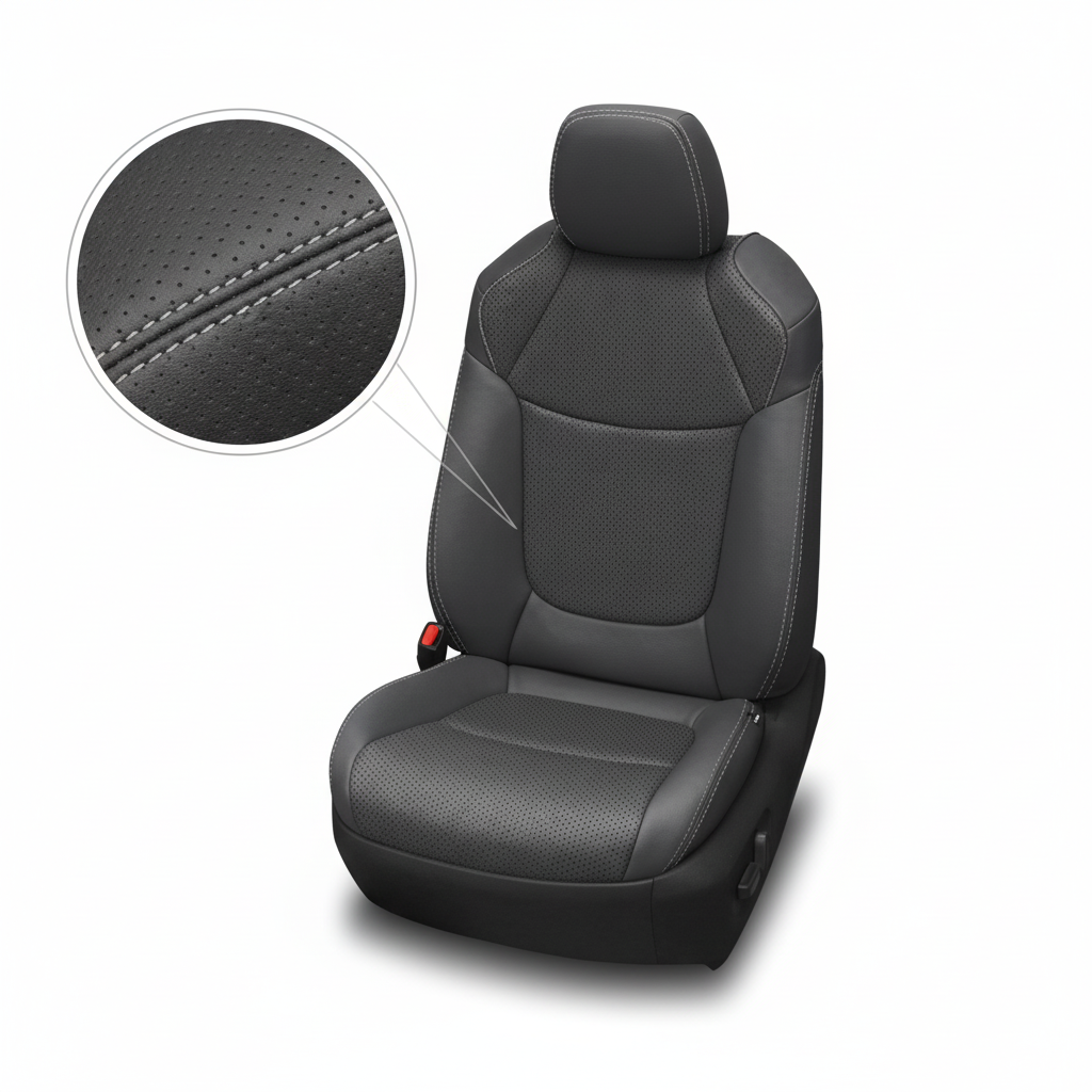 Gray car seat with detailed stitching on a white background