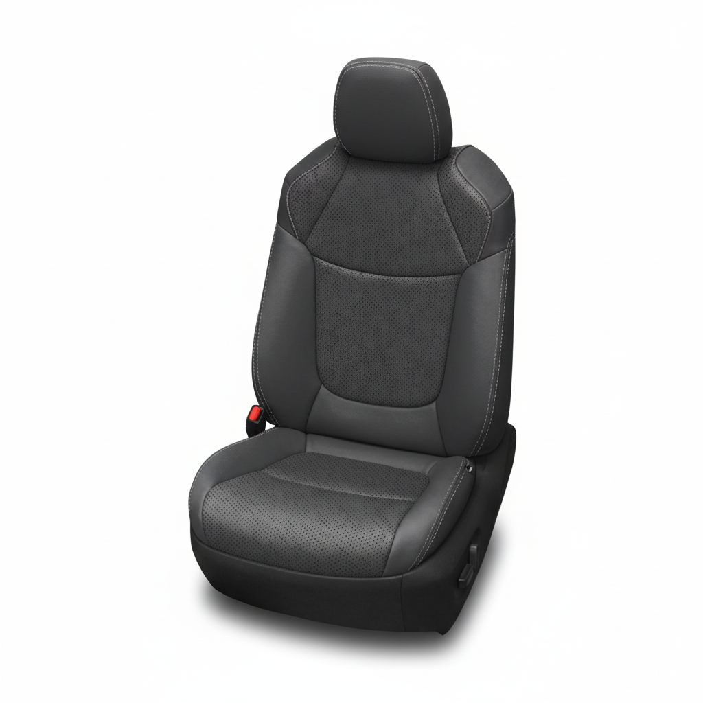 Dark gray LeatherTeck leather car seat with silver contrast stitching on a white background.
