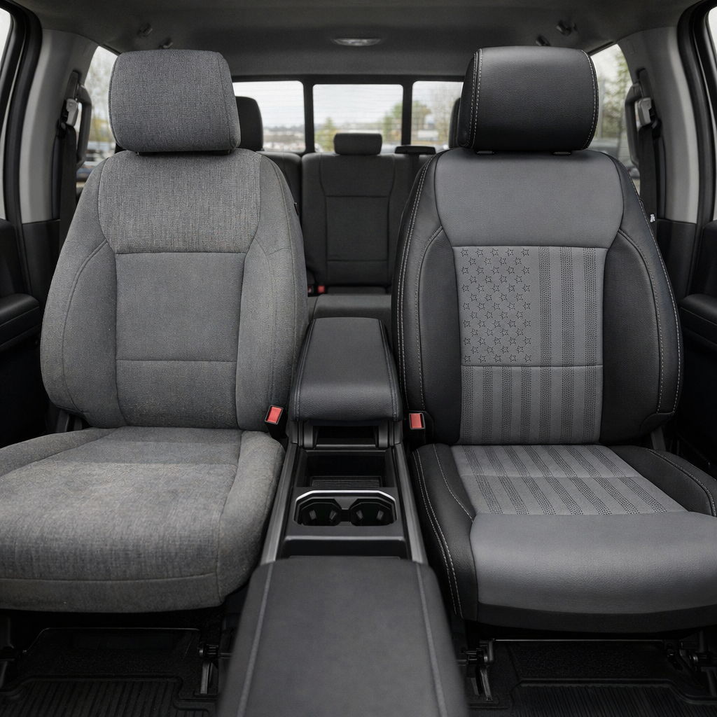 Before-and-after front in-cabin view of a 2021–2026 Ford F-250 XLT: left shows the factory gray cloth front seat, right shows a Leatherteck upgrade in black with Lunar Gray body inserts, a perforated USA flag insert pattern on the seat back and bottom, and Lunar Gray contrast stitching throughout.