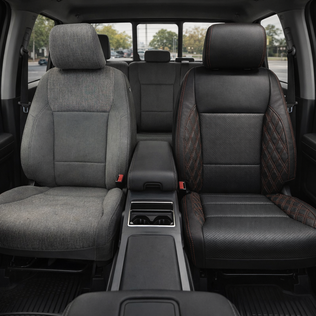 Before-and-after front in-cabin view of a 2021–2026 Ford F-250 XLT: left shows the factory gray cloth front seat, right shows a Leatherteck upgrade in black with perforated combination inserts, red double-diamond accent panels, and red contrast stitching throughout.