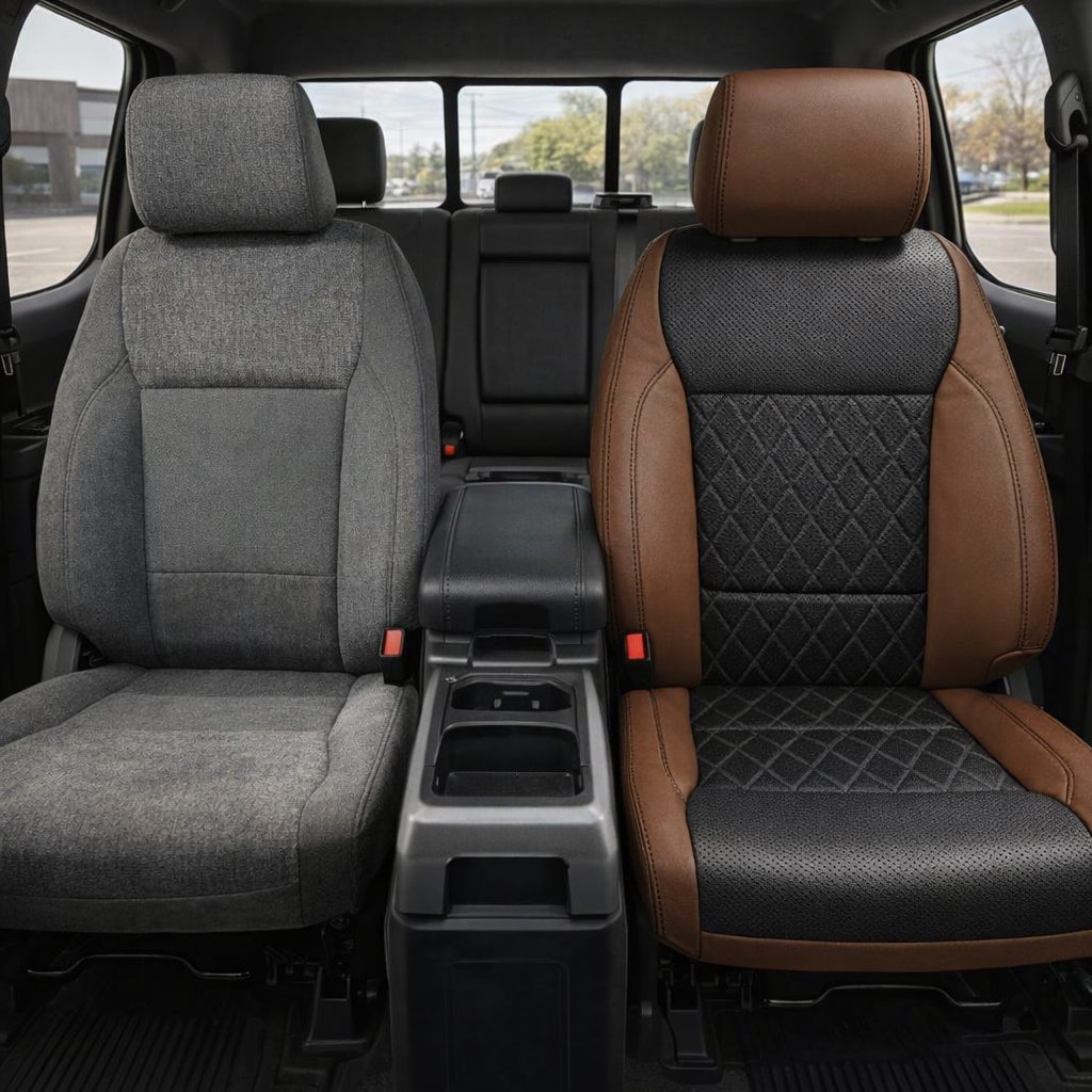 Before-and-after front in-cabin view of a 2021–2026 Ford F-250 XLT: left shows the factory gray cloth front seat, right shows a Leatherteck upgrade in mahogany brown with black perforated inserts, a black diamond-stitch center insert detail, and black contrast stitching.
