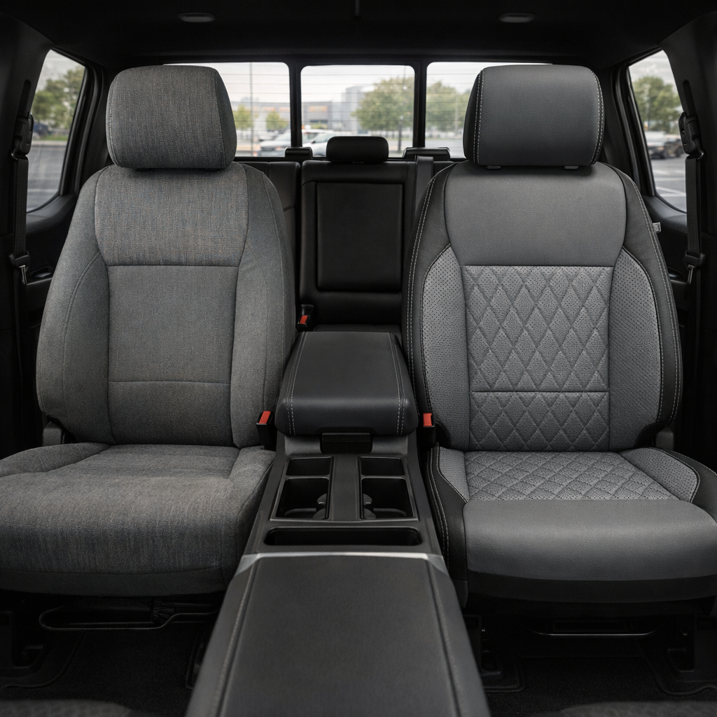 Before-and-after front in-cabin view of a 2021–2026 Ford F-250 XLT: left shows the factory gray cloth front seat, right shows a Leatherteck upgrade with black main seat color, Lunar Gray perforated center inserts with a diamond-quilt pattern, Lunar Gray perforated accent side panels, and contrast stitching, with the center console and rear seats visible in the background.