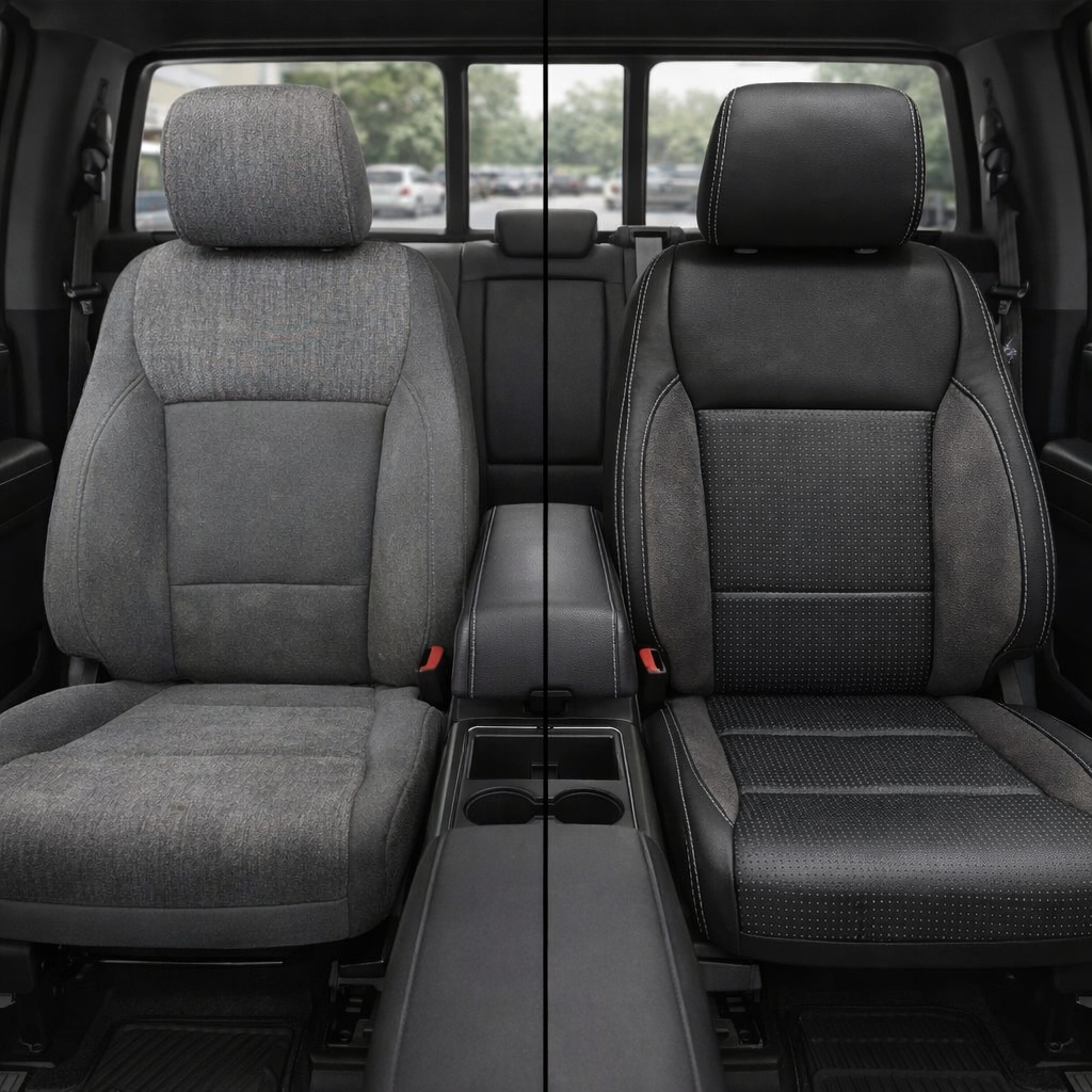 2021-2026 Ford F-150 XLT Katzkin Leather Seat Upholstery Kit – Black with Square Perforated Black Face with Grey Background Combination Inserts, Dark Slate Automotive Suede Accent Panels, and Silver Contrast Stitching