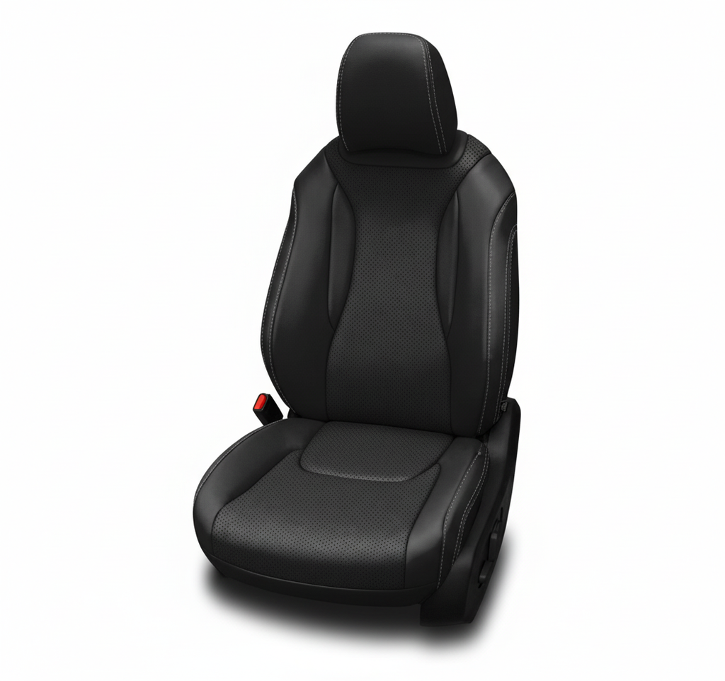 Black leather car seat with perforated center panels and subtle contrast stitching on a white background.
