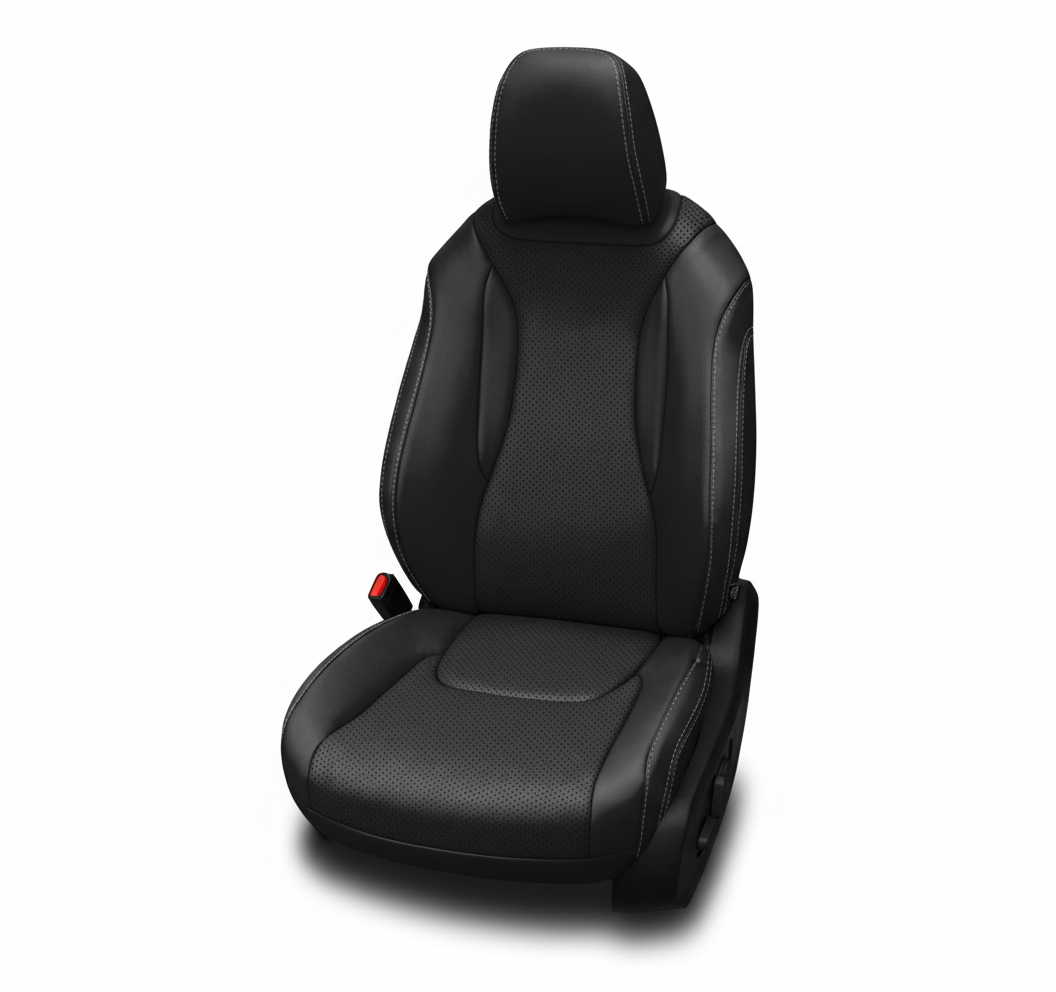 Black leather car seat with perforated center panels and subtle contrast stitching on a white background.
