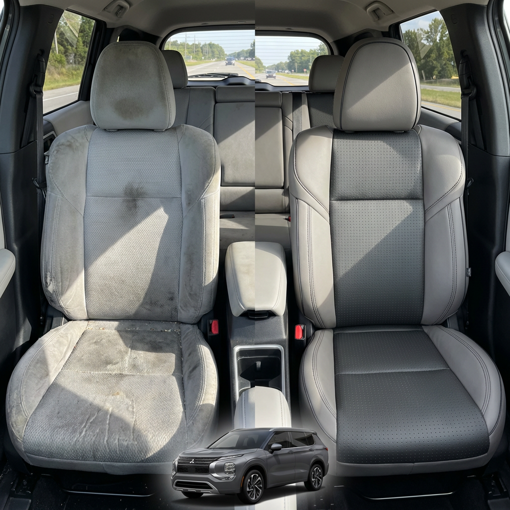 Before-and-after comparison of front seats, showing cloth seat upgraded to perforated leather upholstery.