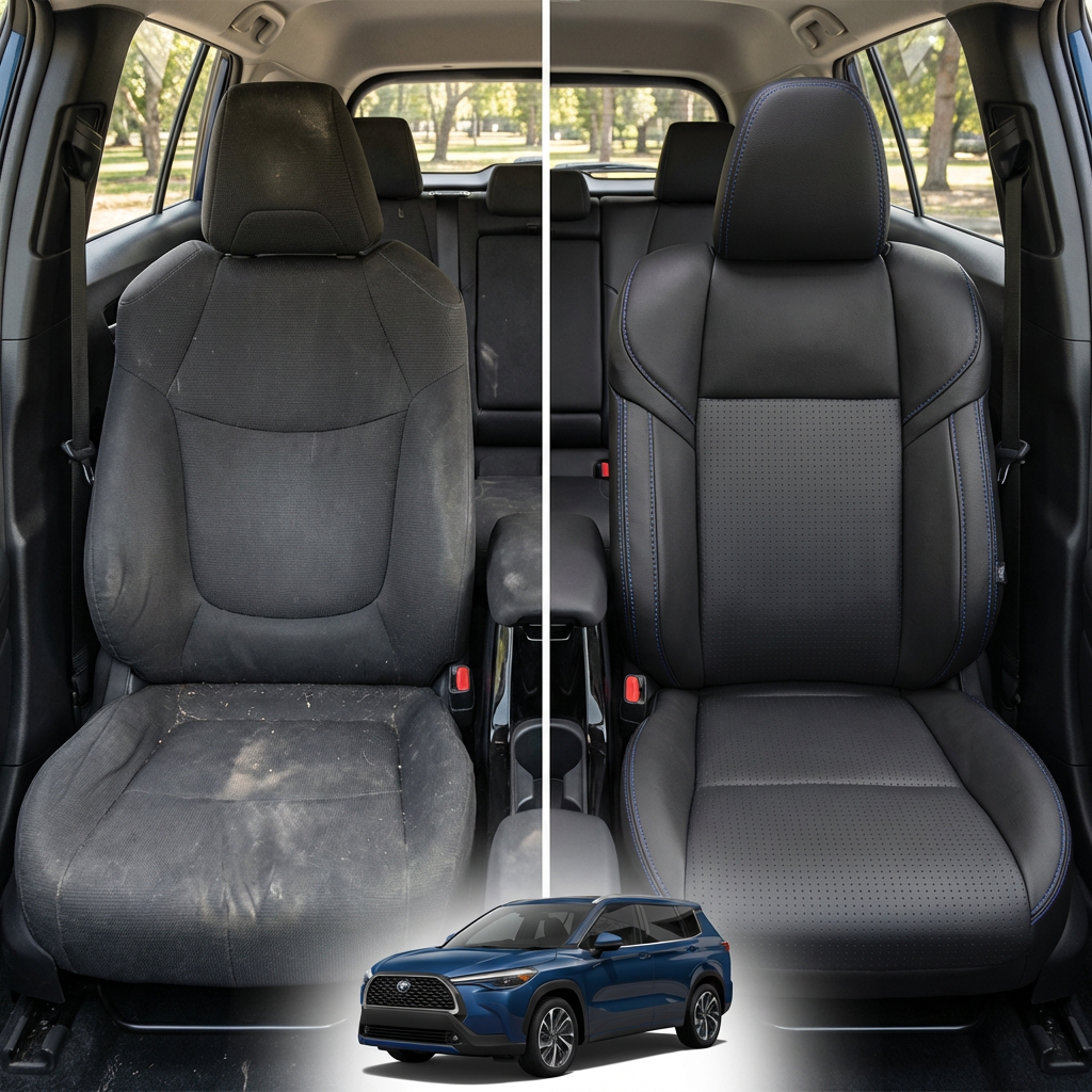 Before-and-after comparison of front seats, showing cloth seat upgraded to perforated leather upholstery.