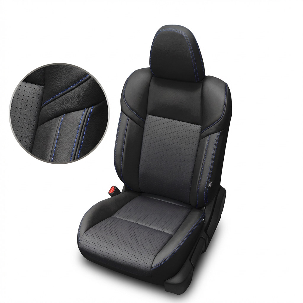 Black car seat cover with detailed stitching on a white background