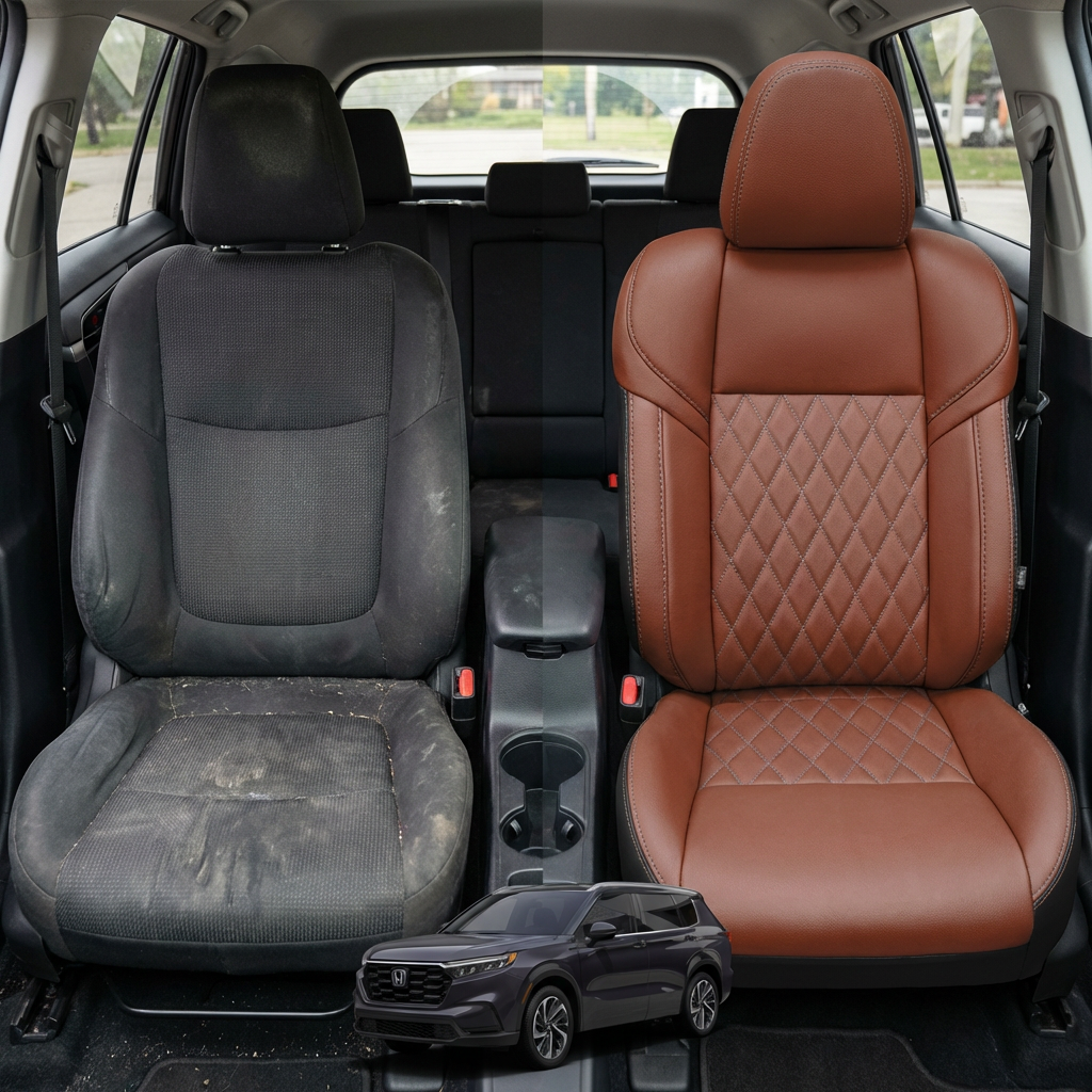 Before-and-after comparison of front seats, showing cloth seat upgraded to perforated leather upholstery.