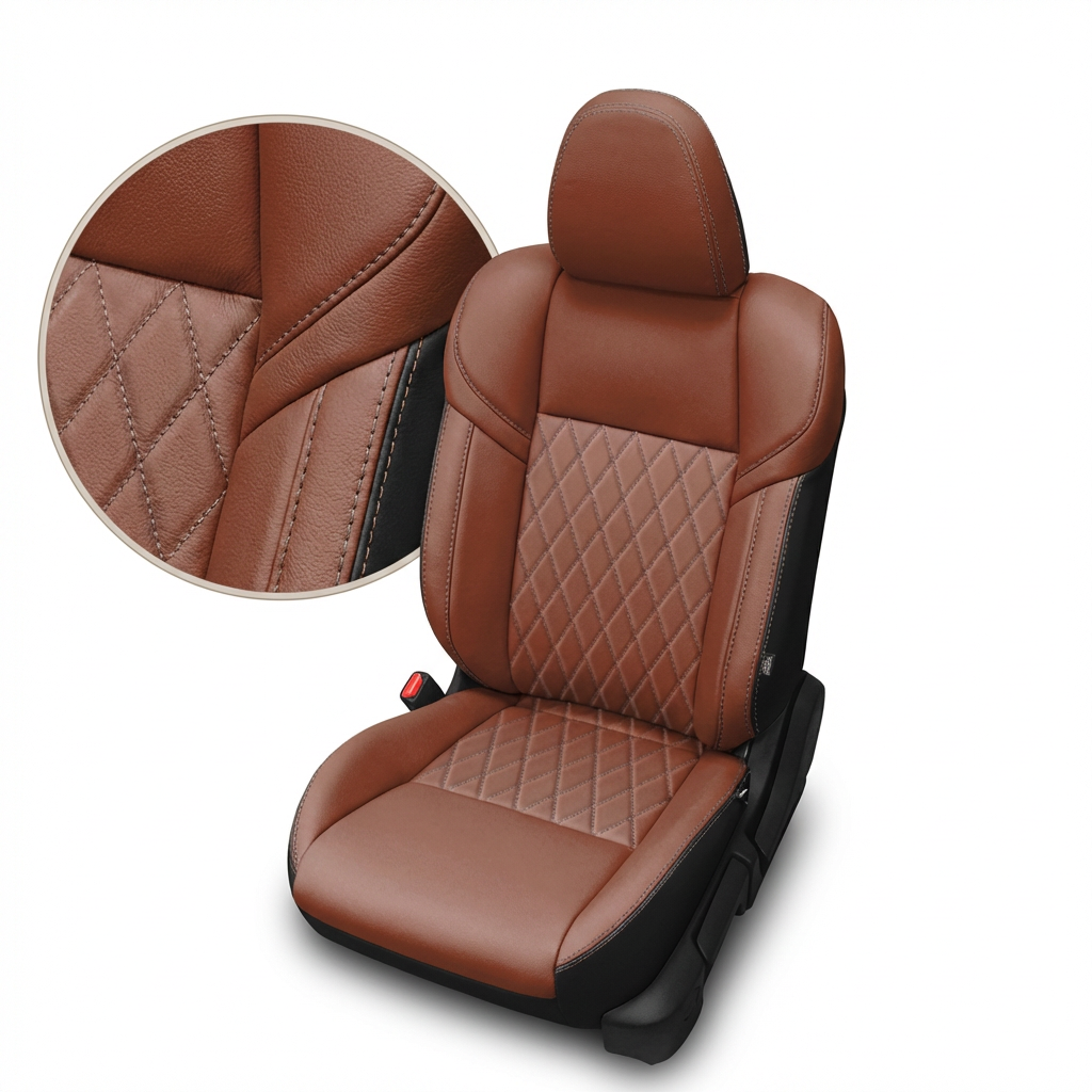 Brown leather car seat with diamond stitching detail on a white background