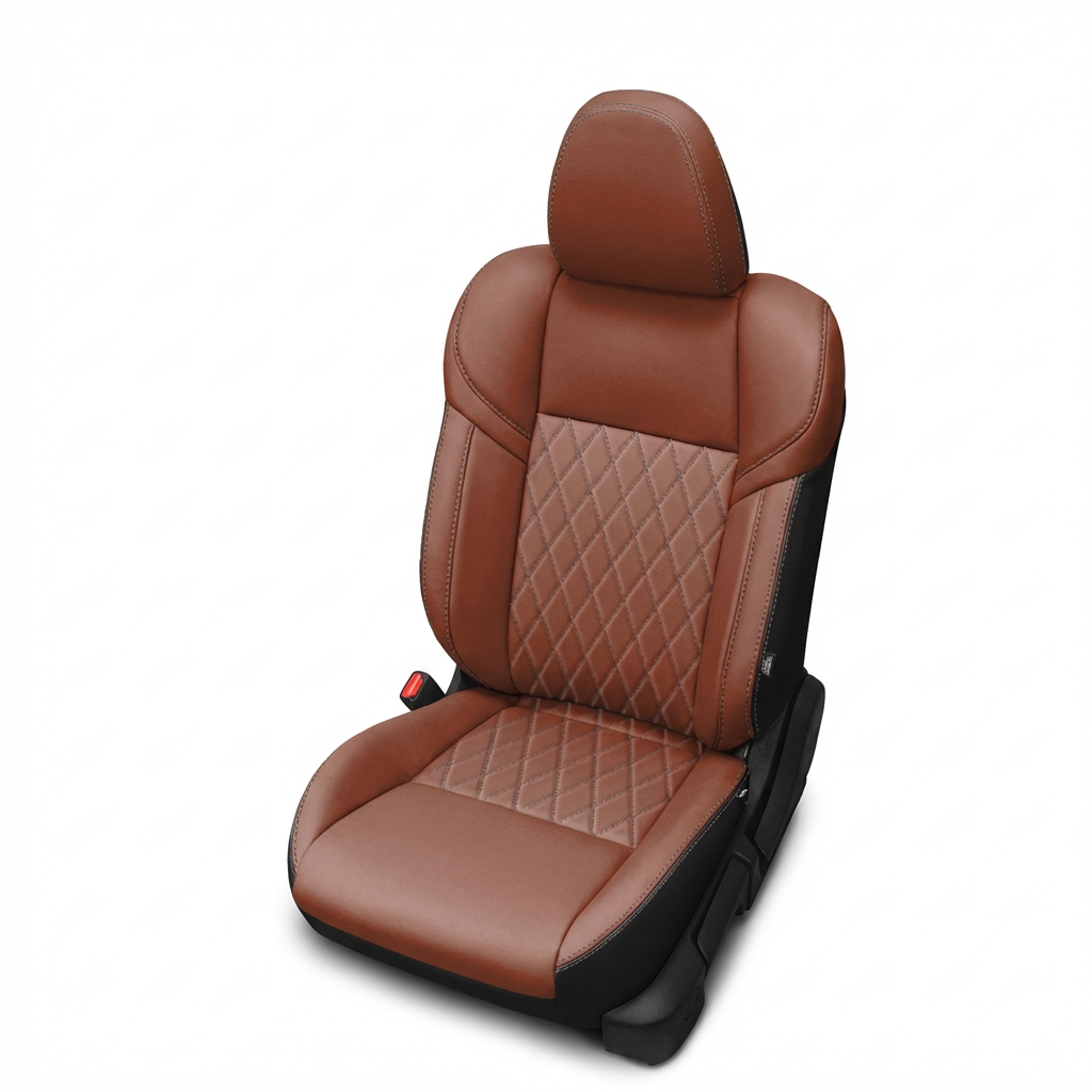 Brown leather car seat with diamond pattern on a white background
