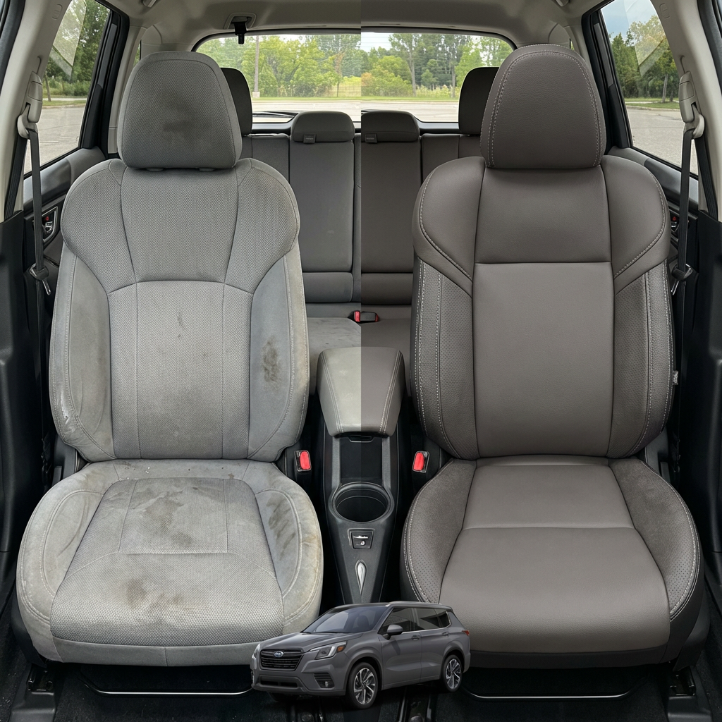 Before-and-after comparison of front seats, showing cloth seat upgraded to perforated leather upholstery.