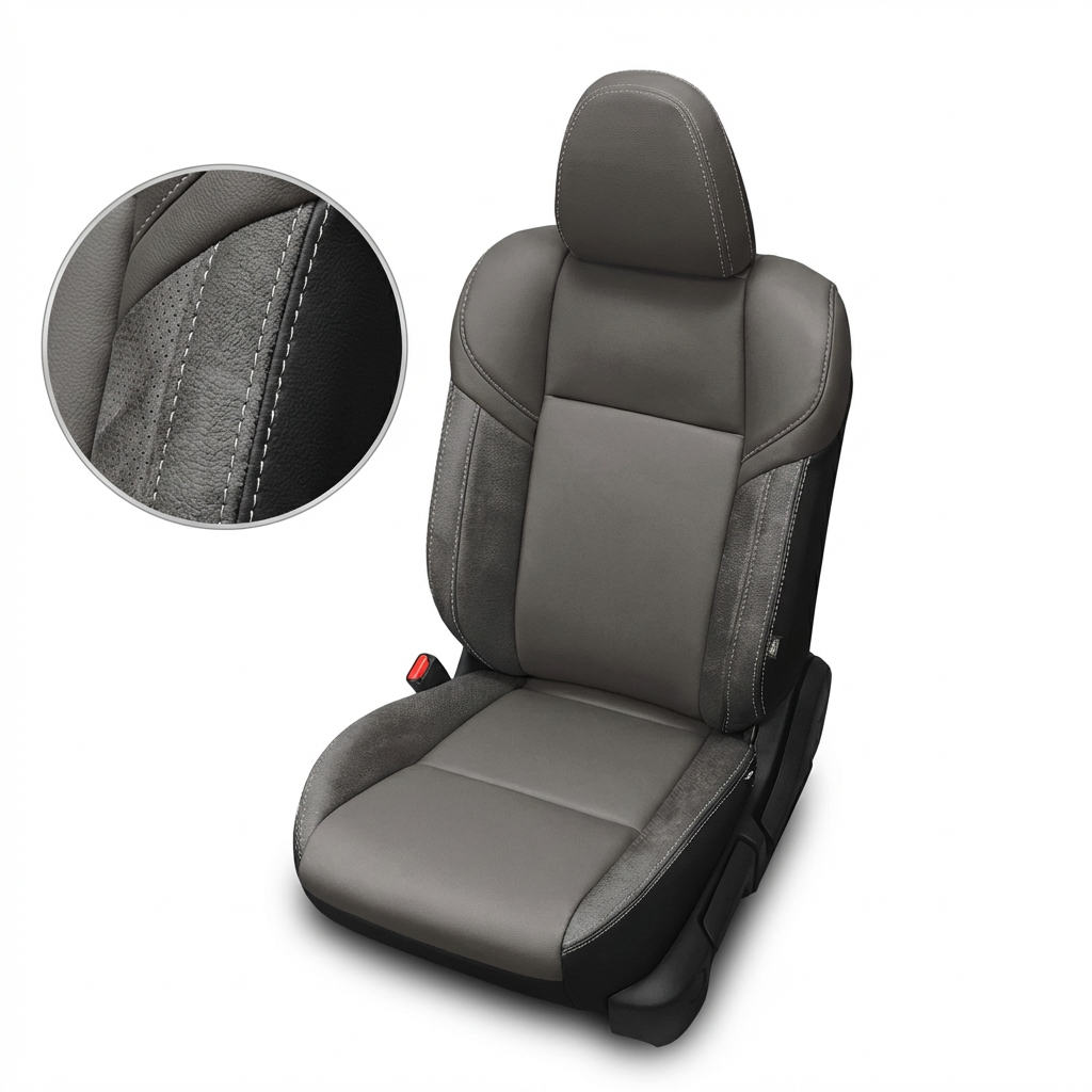 Gray car seat with detailed stitching on a white background