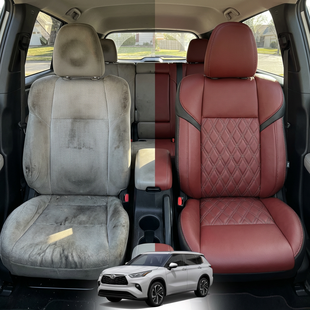 Before-and-after comparison of front seats, showing cloth seat upgraded to perforated leather upholstery.