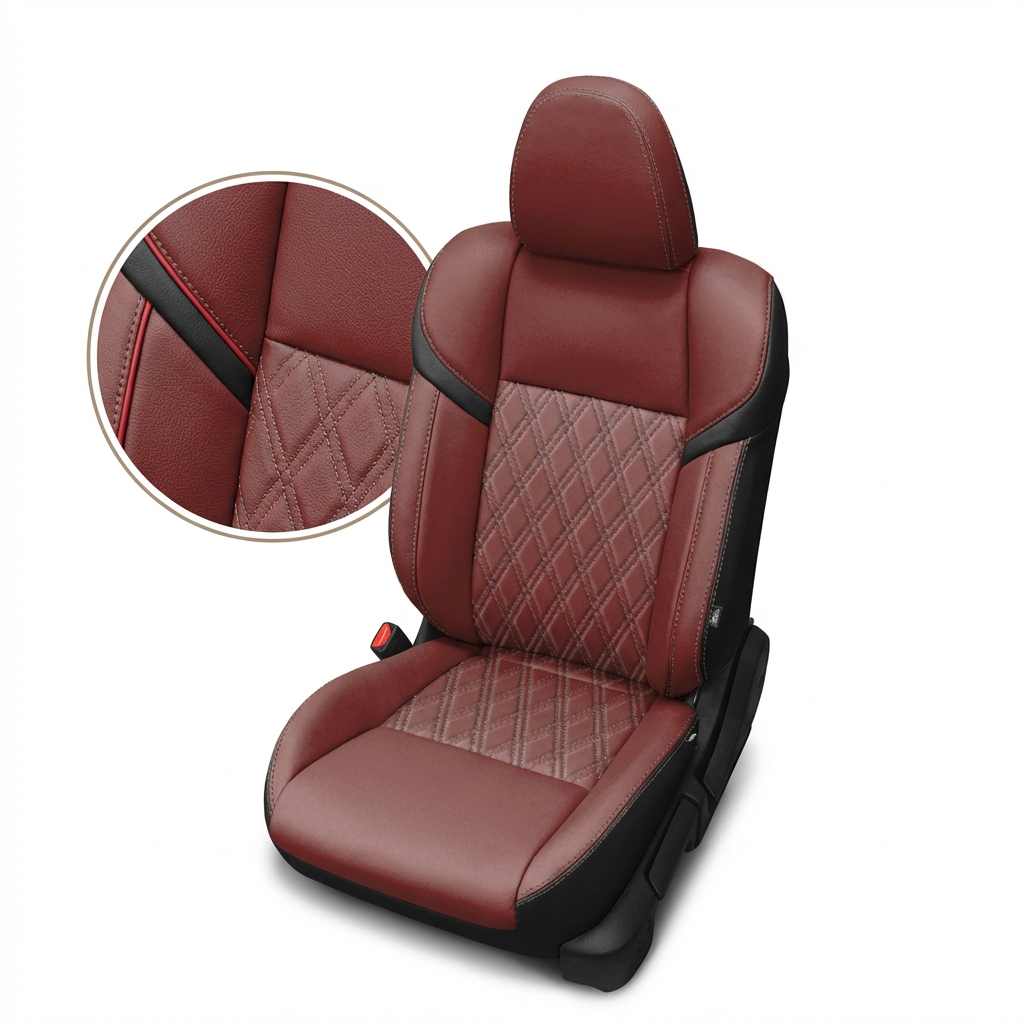 Red car seat cover with quilted pattern and close-up detail on a white background