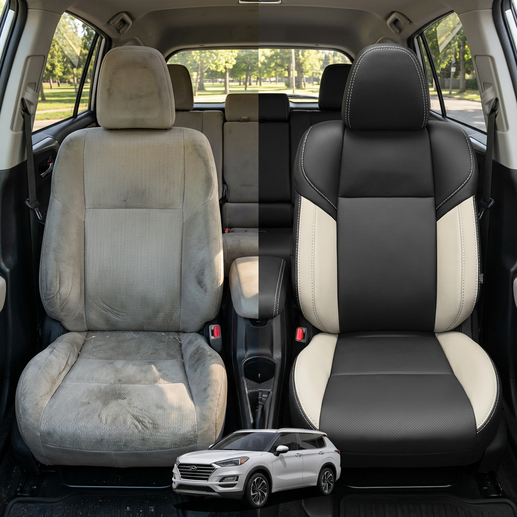 Before-and-after comparison of front seats, showing cloth seat upgraded to perforated leather upholstery.