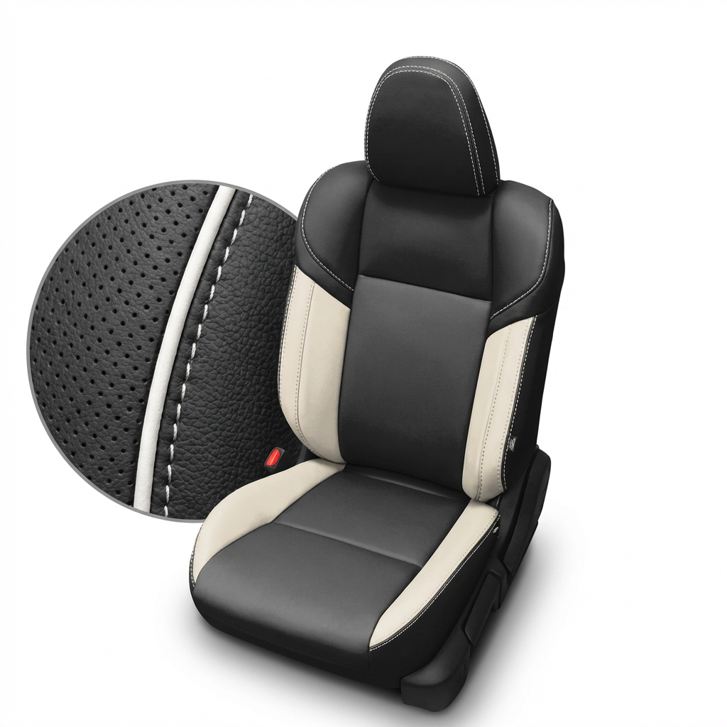 Black Pearl car seat with headrest and detailed closed up stitching on a white background