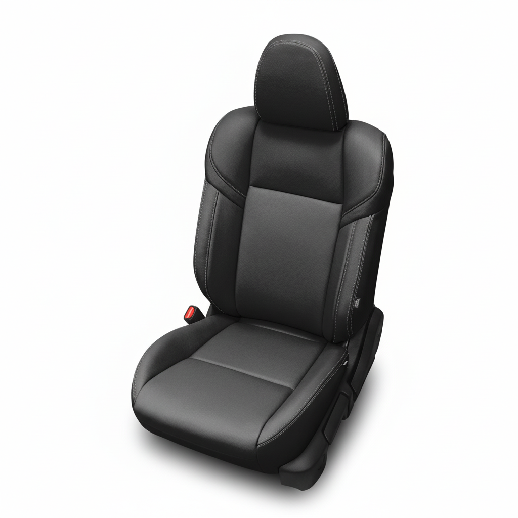 Black leather car seat with smooth center panels and subtle contrast stitching on a white background.
