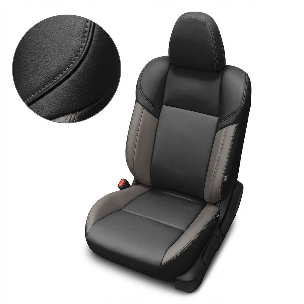 Gray car seat with black accents and close-up of leather texture on a white background