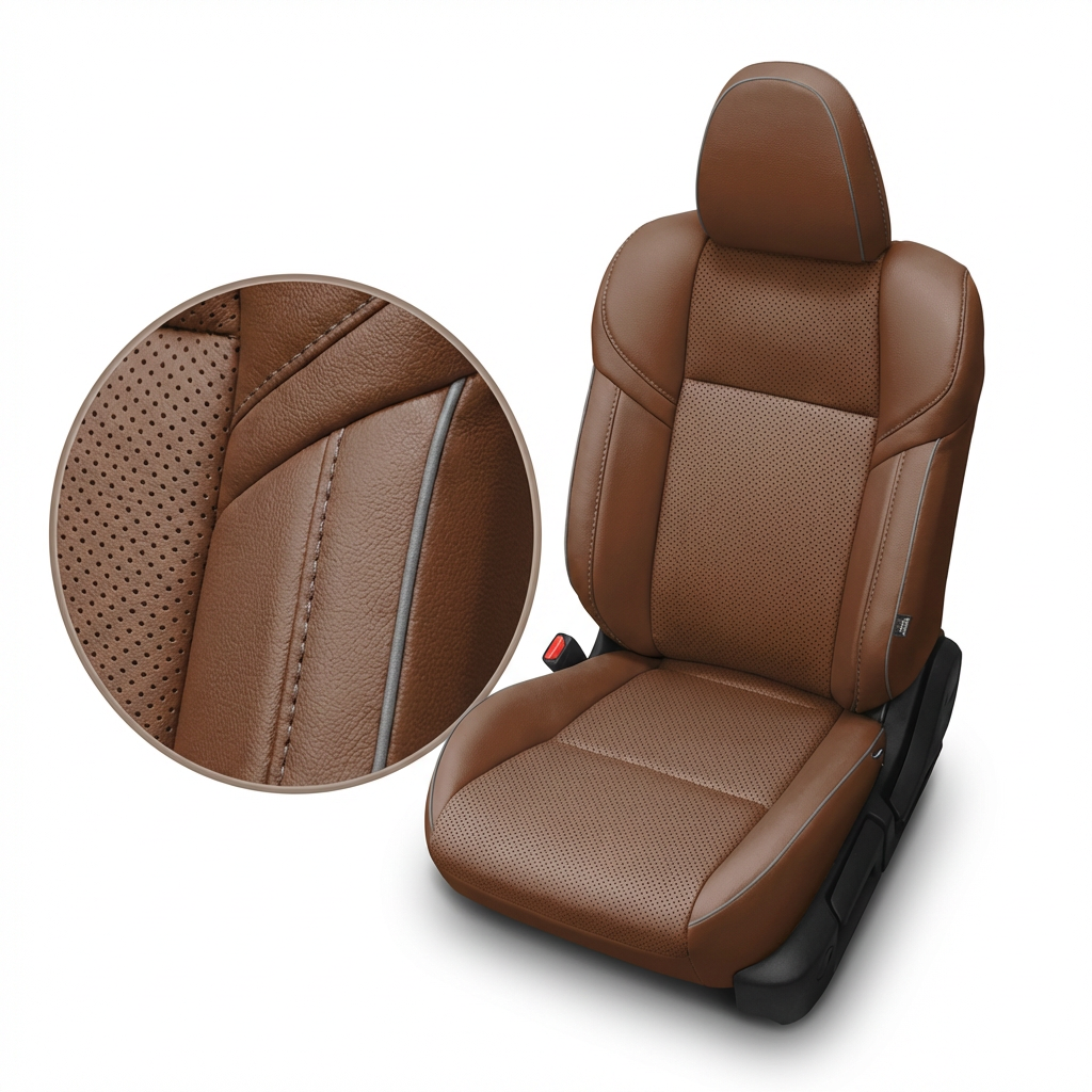 Brown leather car seat with detailed stitching on a white background
