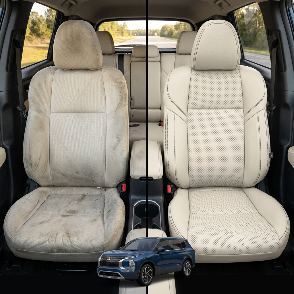 Before-and-after comparison of front seats, showing cloth seat upgraded to perforated leather upholstery.