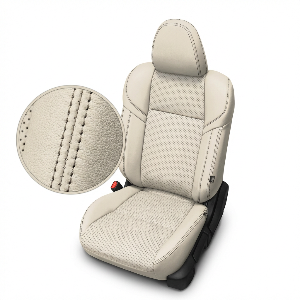 Beige car seat cover with detailed stitching on a white background