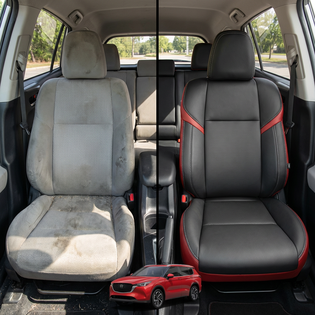 Before-and-after comparison of front seats, showing cloth seat upgraded to perforated leather upholstery.