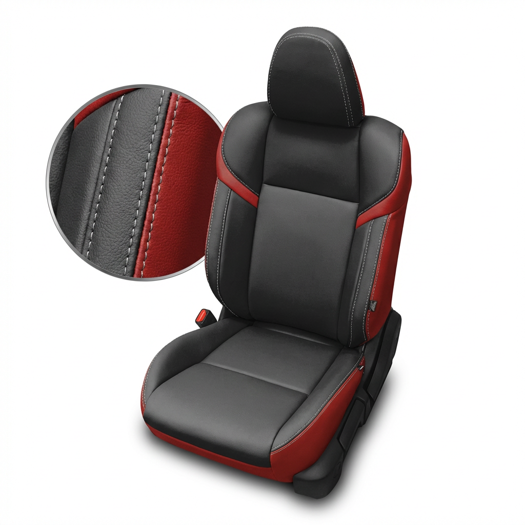 Black and red car seat with close-up of stitching detail on a white background