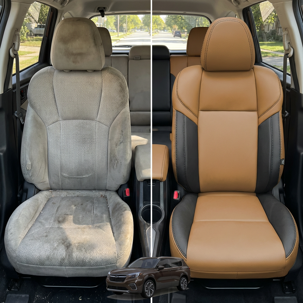 Before-and-after comparison of front seats, showing cloth seat upgraded to perforated leather upholstery.