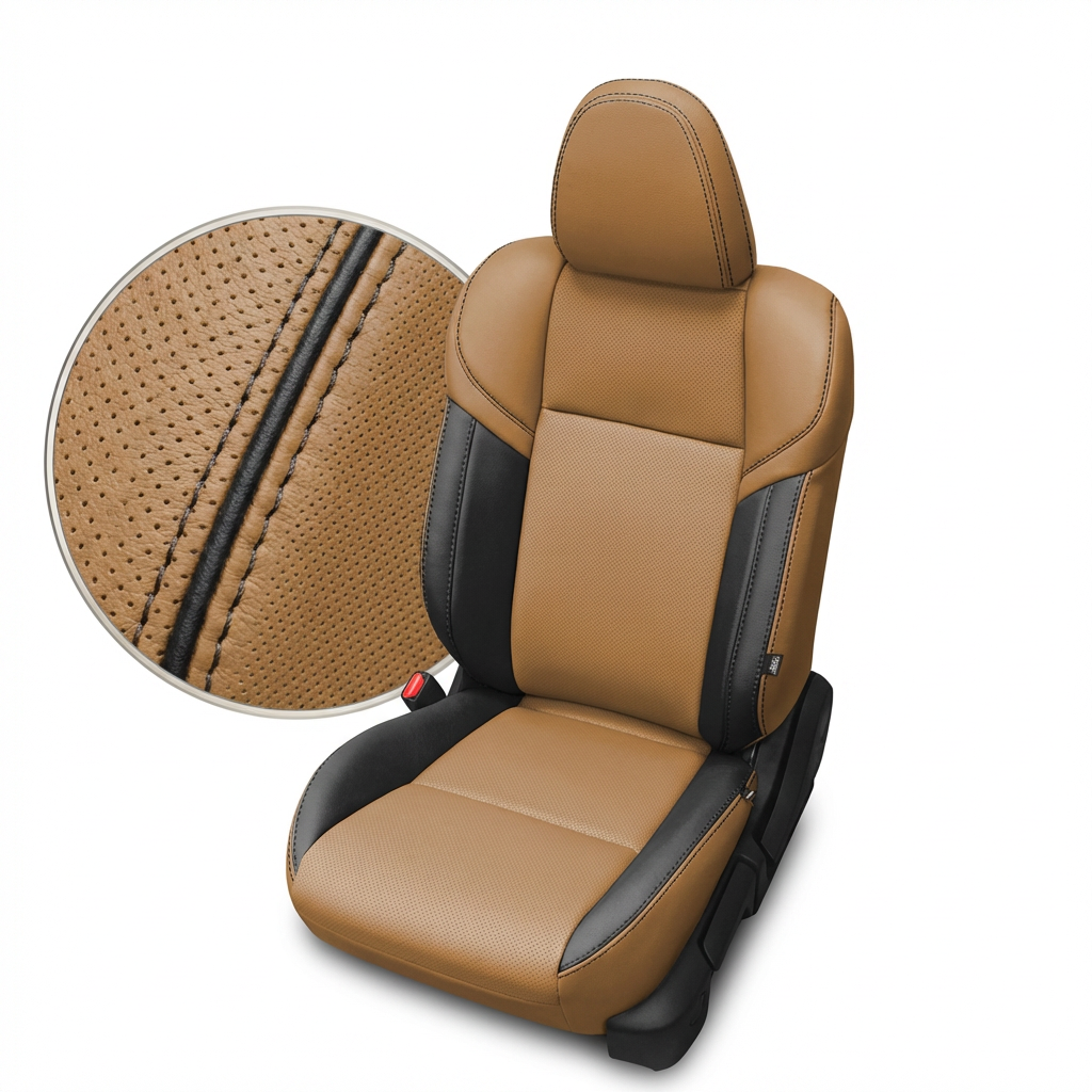 Tan Black car seat with headrest and detailed closed up stitching on a white background