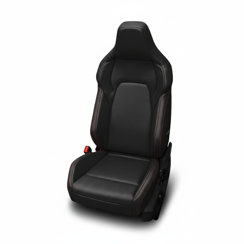 Black leather sport seat with perforated center and red contrast stitching on a white background.
