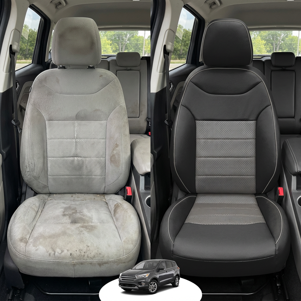 Before-and-after comparison of front seats, showing cloth seat upgraded to perforated leather upholstery.