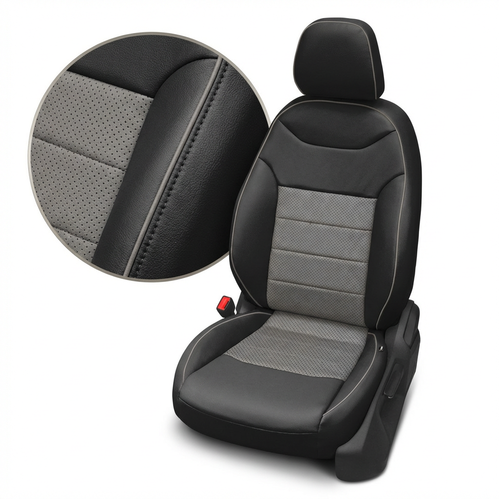 Black and gray car seat cover with detailed texture on a white background
