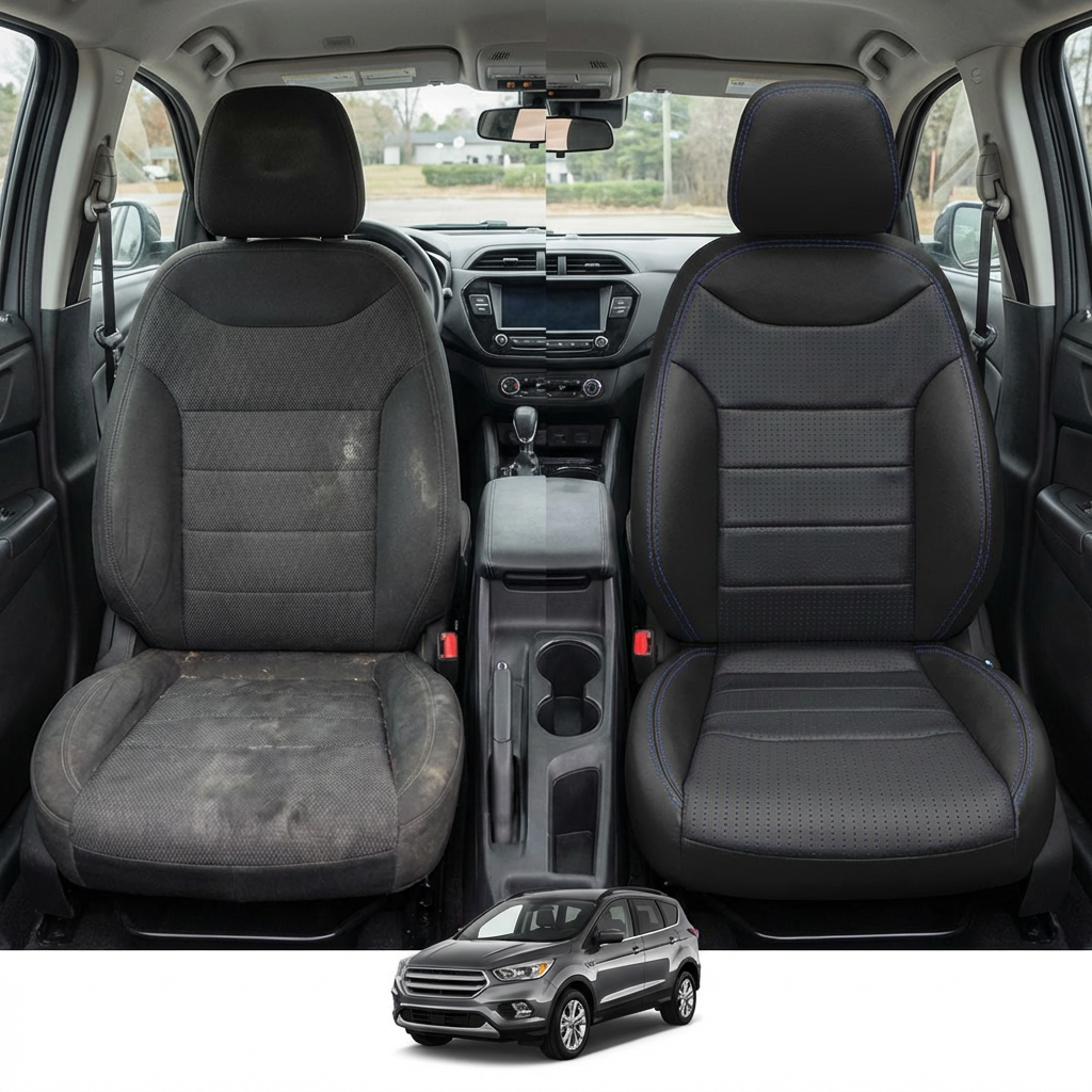 Before-and-after comparison of front seats, showing cloth seat upgraded to perforated leather upholstery.