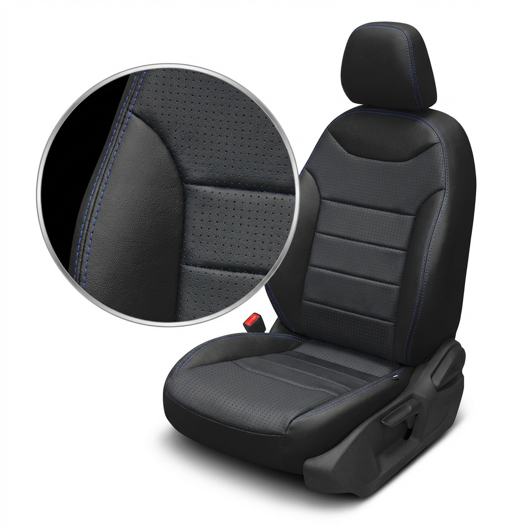 Black car seat cover with detailed texture on a white background
