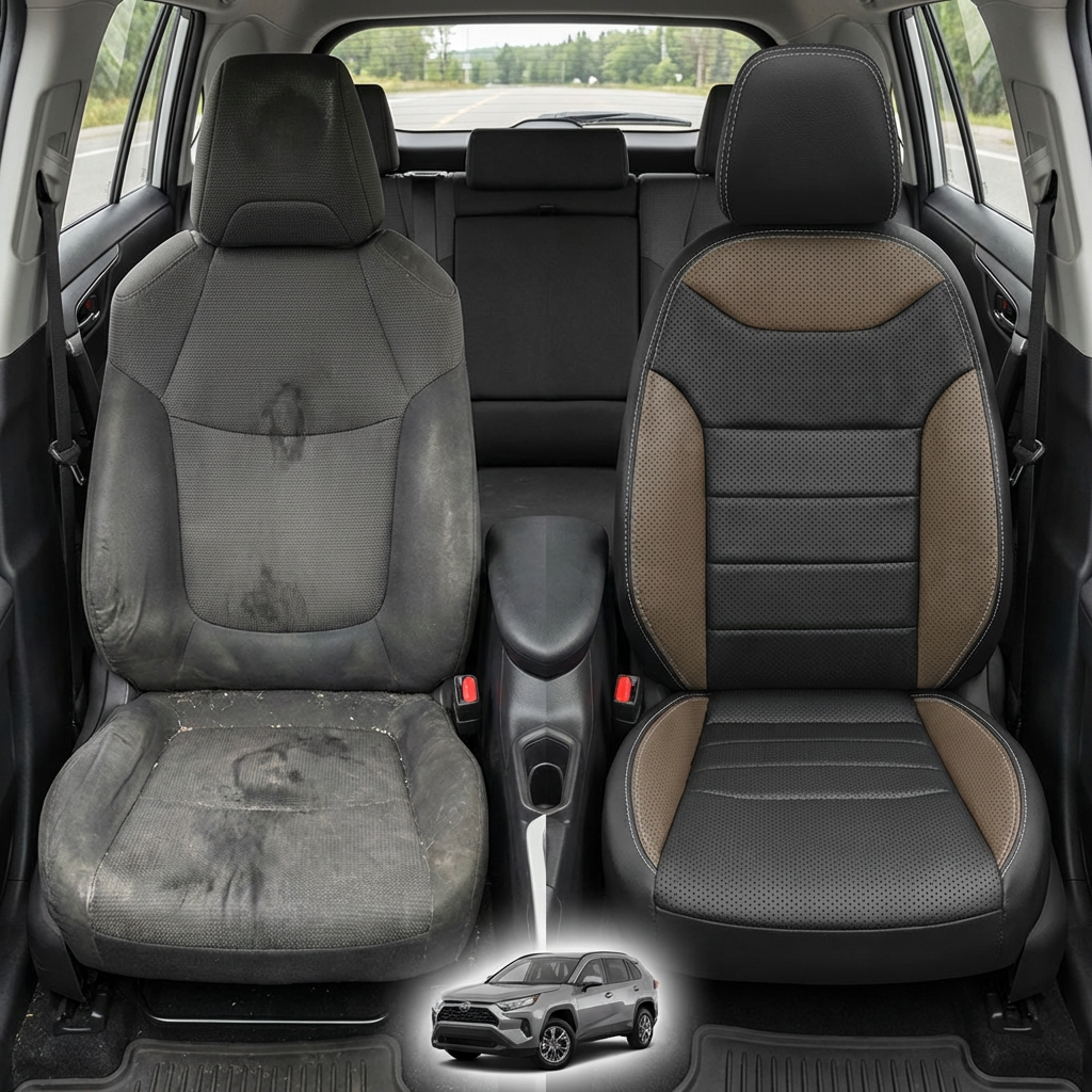 Before-and-after comparison of front seats, showing cloth seat upgraded to perforated leather upholstery.