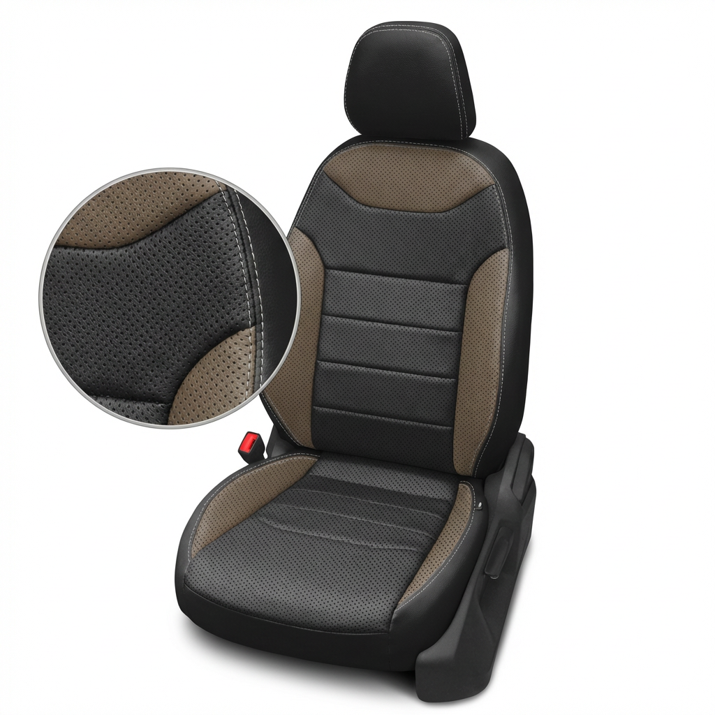 Car seat cover with black and brown design on a white background