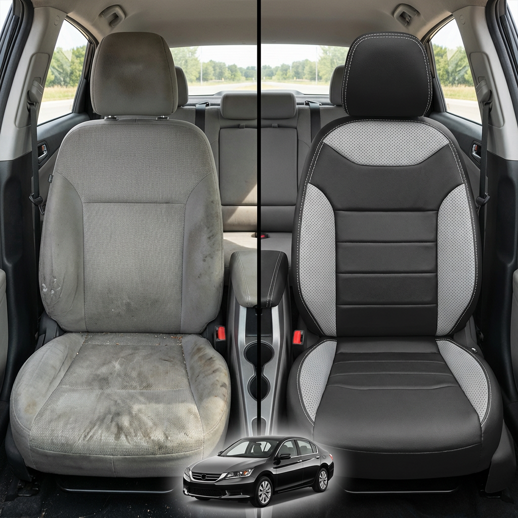 Before-and-after comparison of front seats, showing cloth seat upgraded to perforated leather upholstery.

