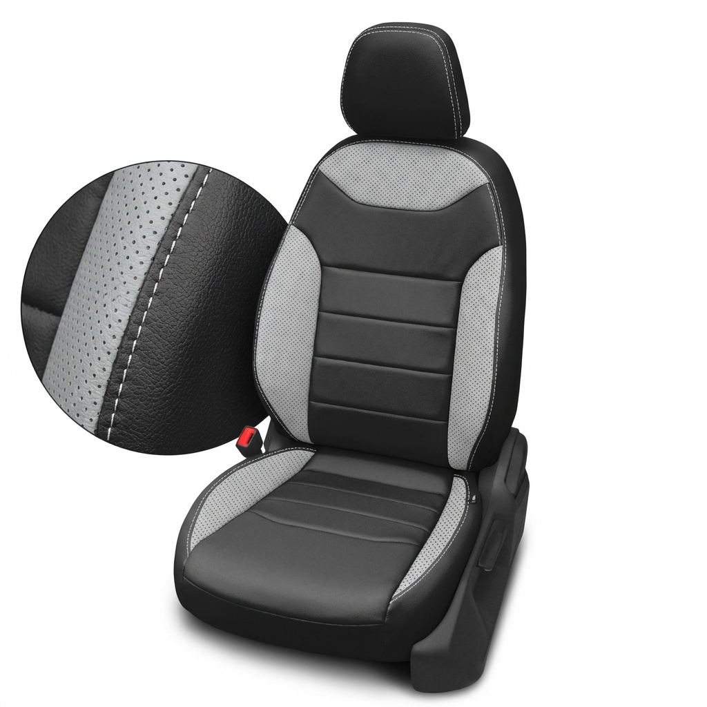 Black and gray car seat cover with detailed stitching on a white background