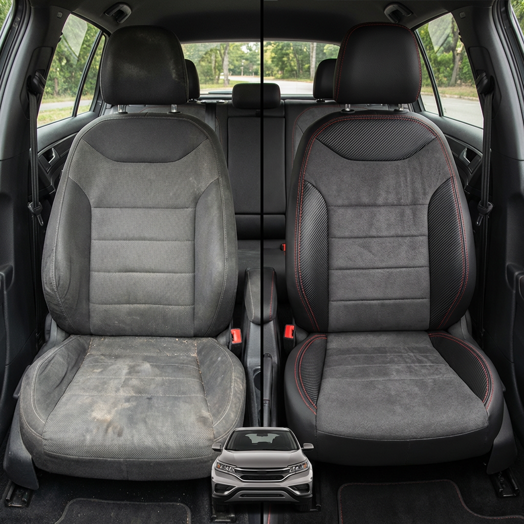 Before-and-after comparison of front seats, showing cloth seat upgraded to perforated leather upholstery.