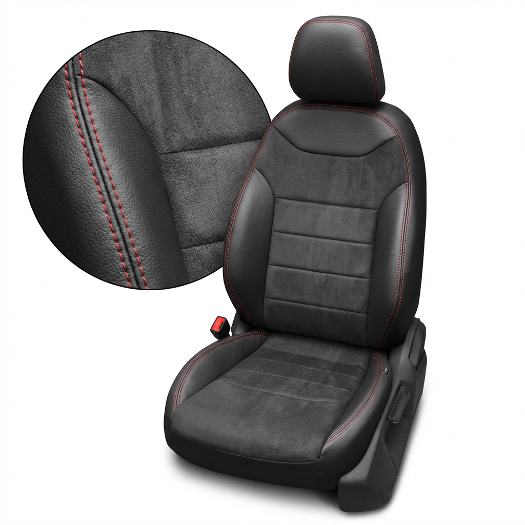 Black car seat cover with red stitching on a white background