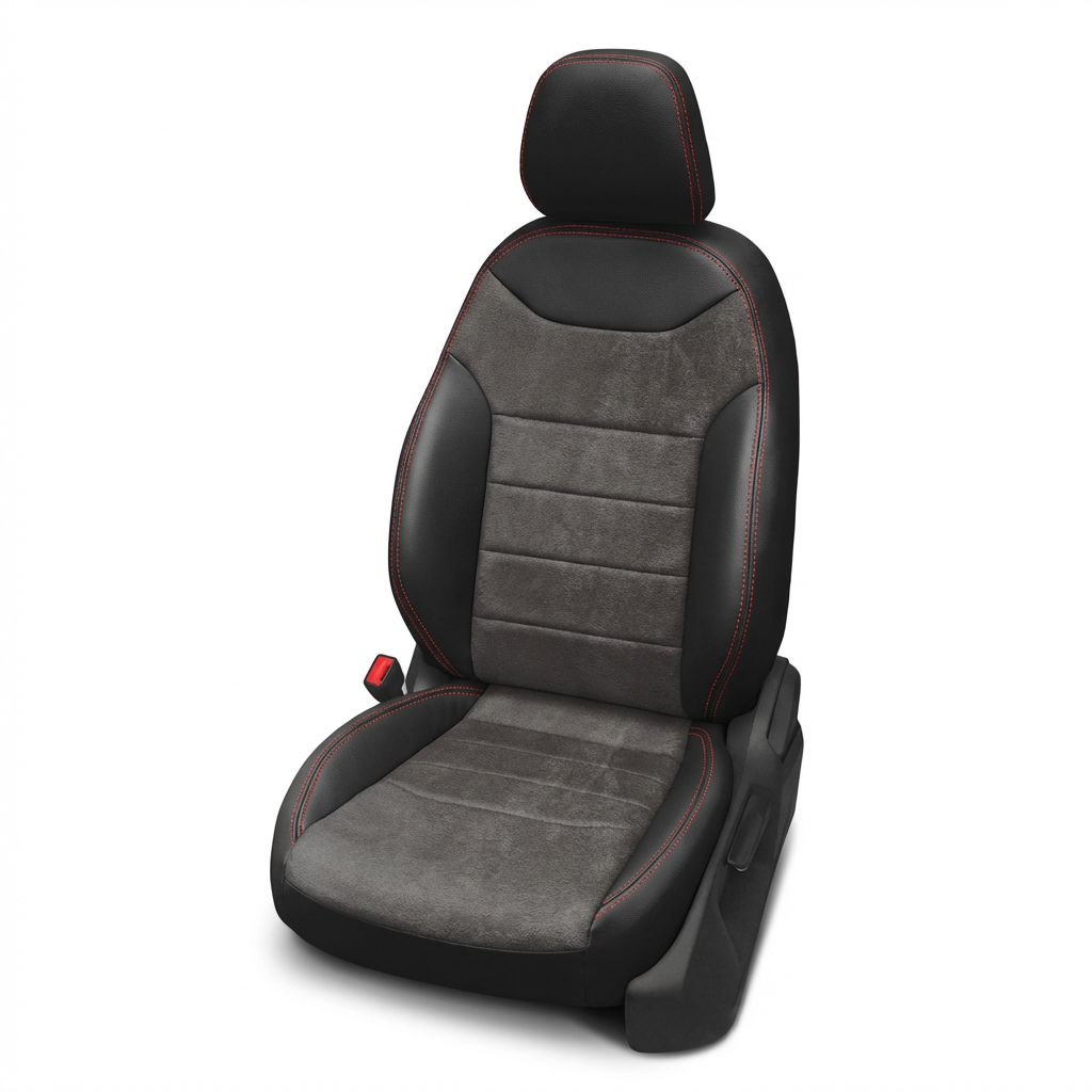 Black and gray car seat cover with red stitching on a white background